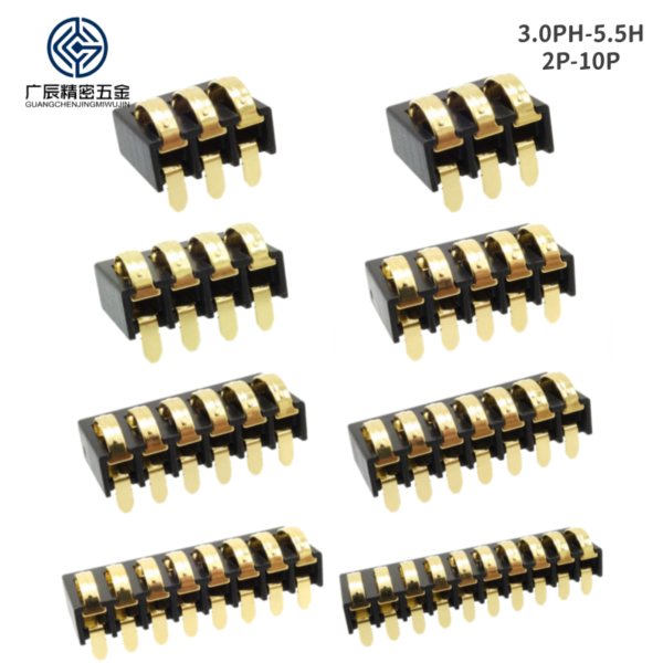 3.0mm Pitch PCB Sliding Type 6.0mm Height Gold Plated 1 2 3 4 5 6 7 8 9 10 Pin SMD Spring Battery Connector with Positioning Pins