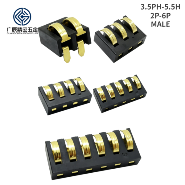 High Stability 3.5mm Pitch Male Gold Plated 2 3 4 5 6 7 8 Pin PCB SMT Spring Battery Connector with Extended Solder Tabs